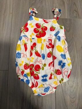 Old Navy White Baby One-Piece Romper with Red Yellow Blue Fruit Print
